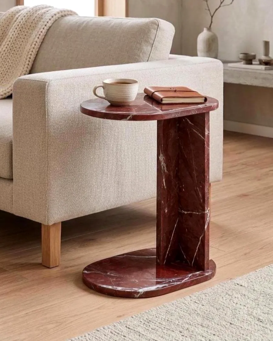 C-Shaped Sofa Side Table in Red Stone — handcrafted marble, Agra