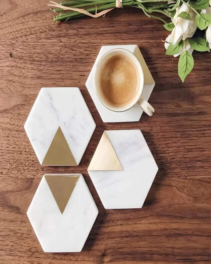 Hexagon Coasters with Brass Triangle — handcrafted marble, Agra
