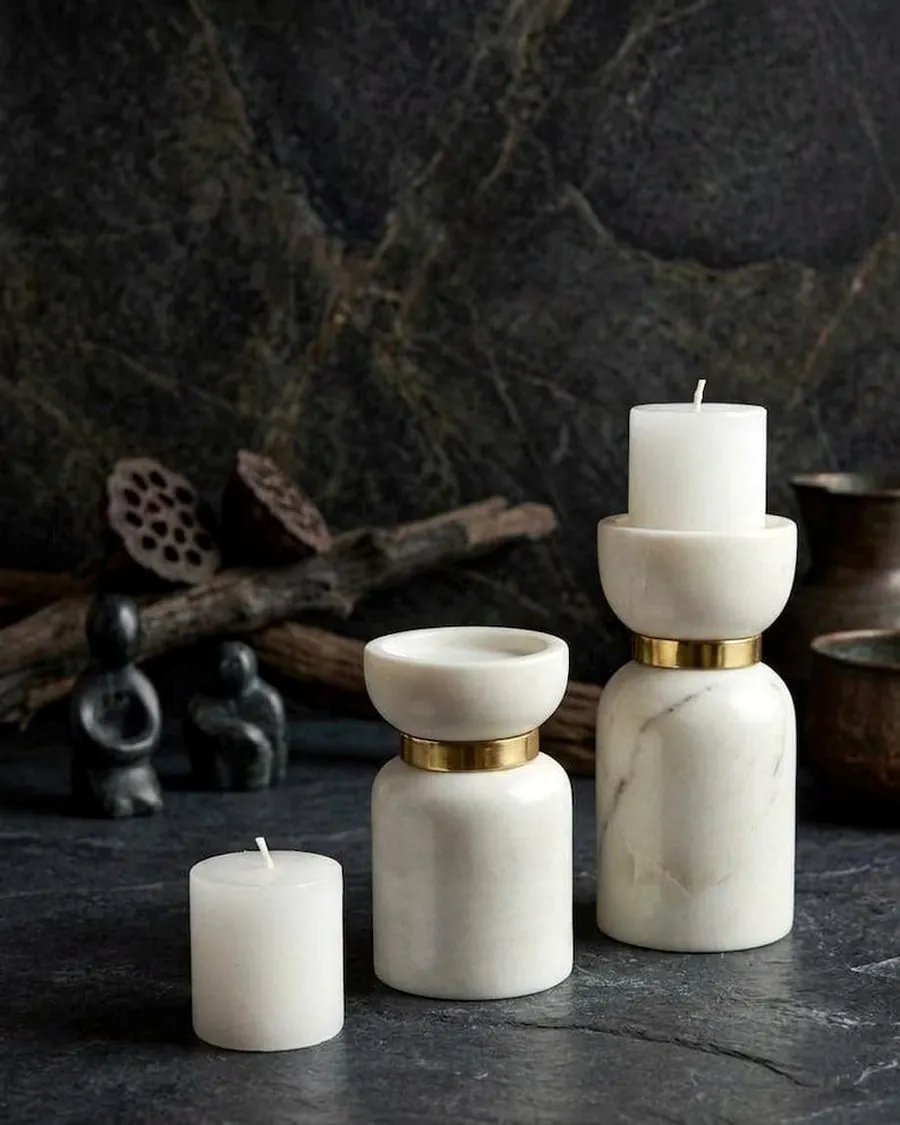 Pillar Candle Holders with Brass Ring — handcrafted marble, Agra