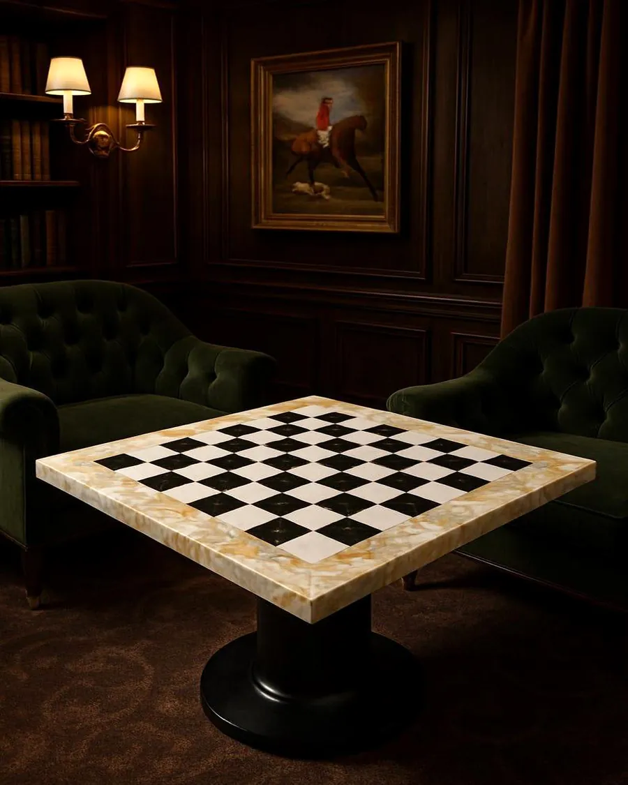 Mother of pearl inlay chess table on a turned pedestal