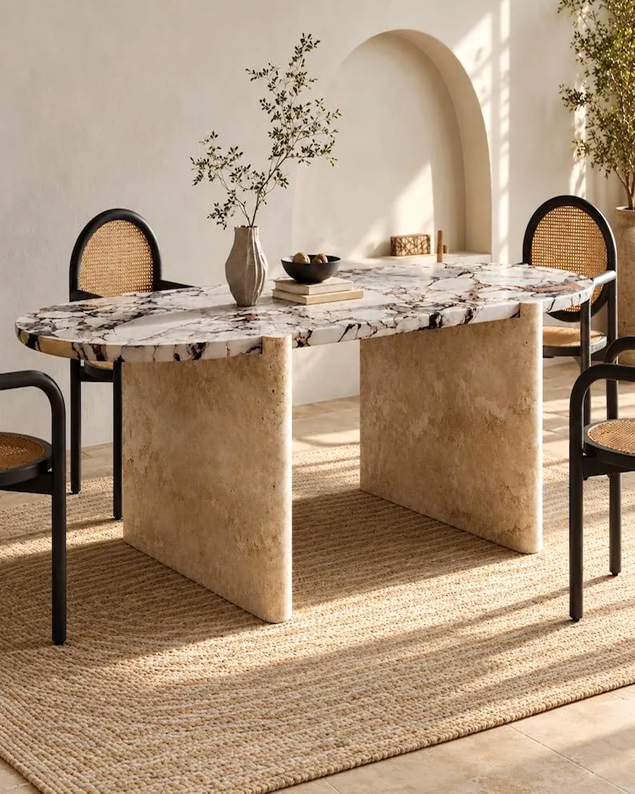 Oval Dining Table with Travertine Legs — handcrafted marble, Agra