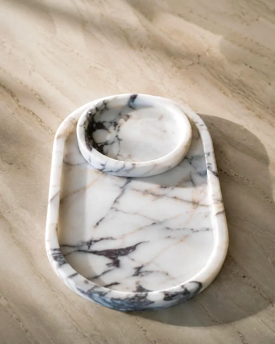 Oval Serving Platter with Bowl — handcrafted marble, Agra