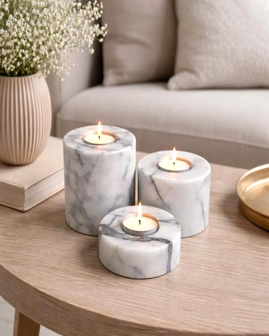 Set of 3 Tealight Candle Holders — handcrafted marble, Agra
