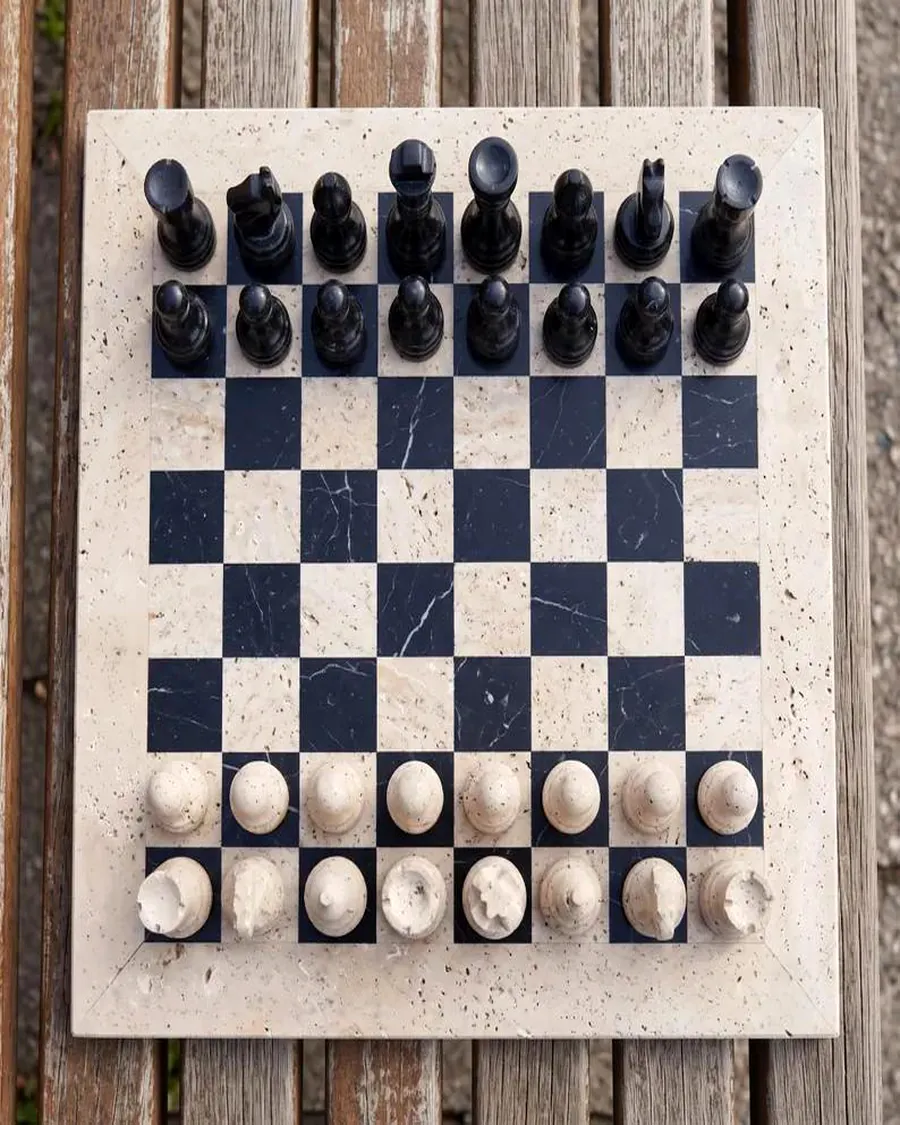 Black & White Travertine Chess Set — handcrafted marble, Agra