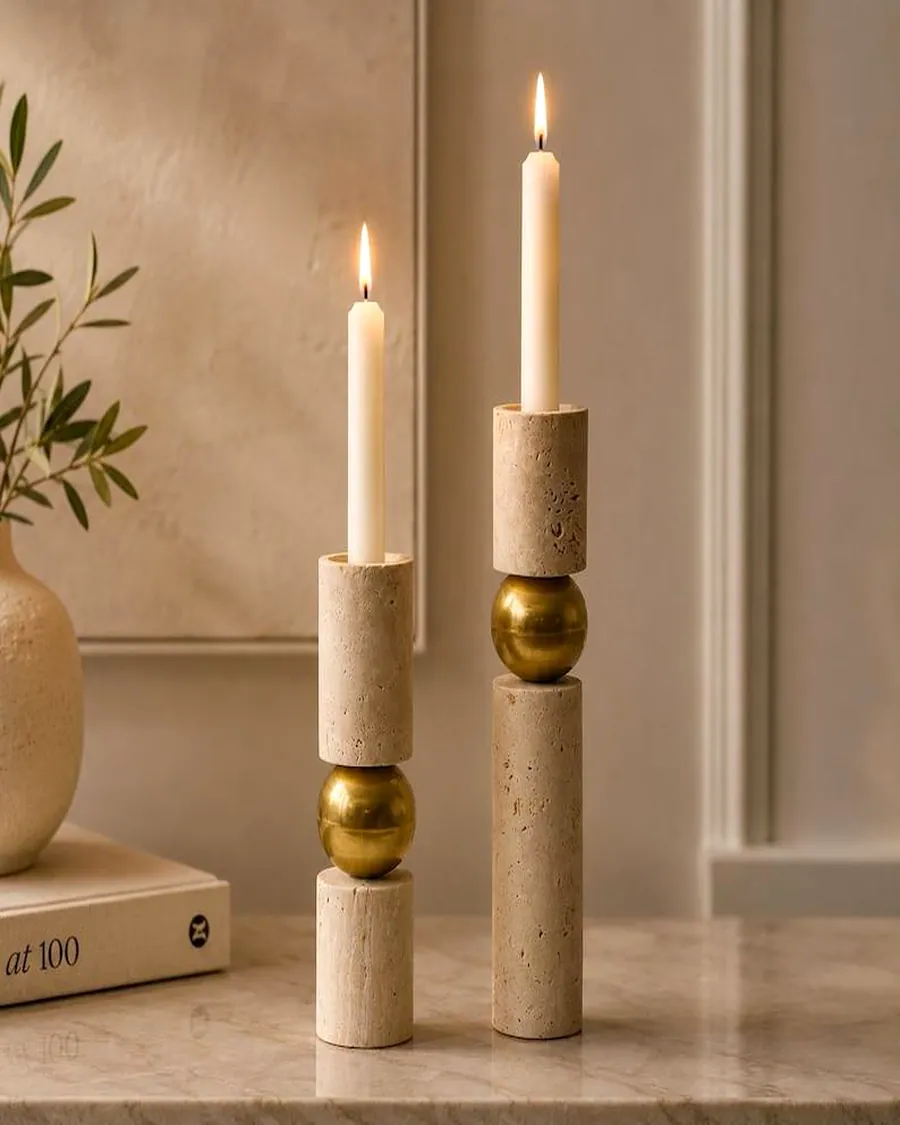 Travertine Taper Holders with Brass Ball — handcrafted marble, Agra