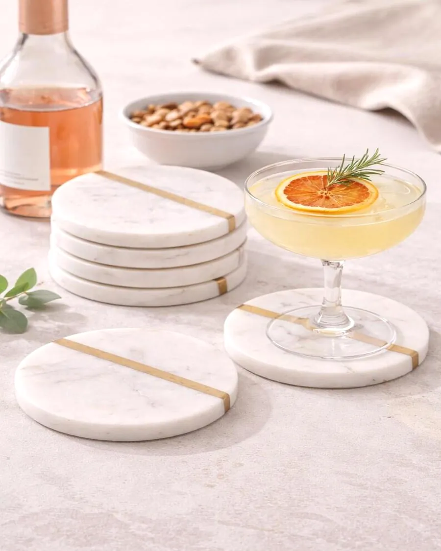 White Marble Coasters with Brass Inlay — handcrafted marble, Agra